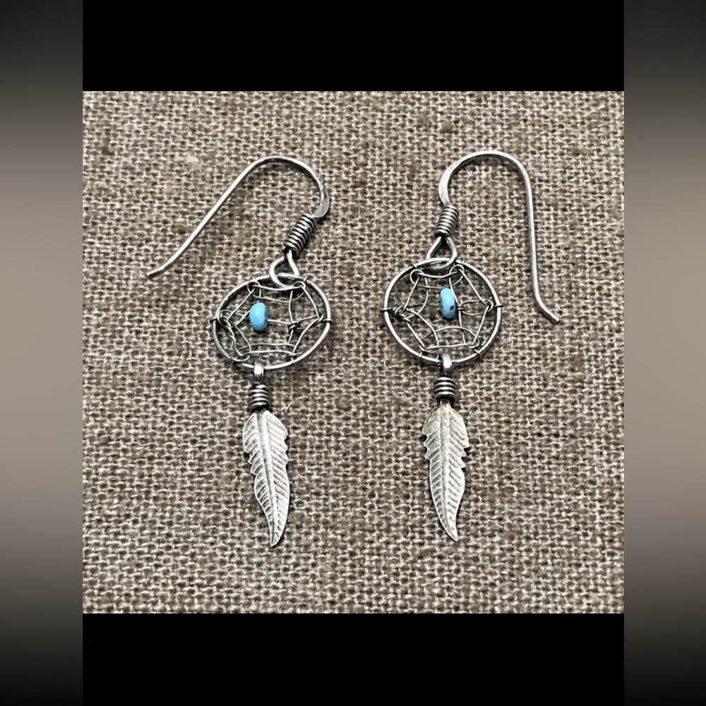 925 Sterling Silver Dreamcatcher Dangle Earrings Feather, Turquoise Colored Bead